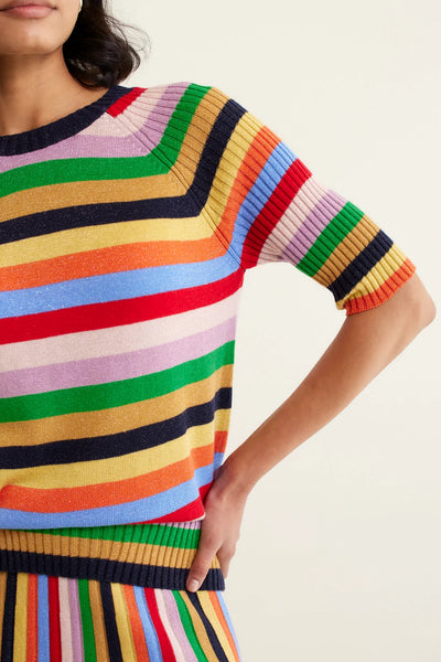 Woman wearing Avenue Top and Skirt Lurex Rainbow, closer look of the top sleeves