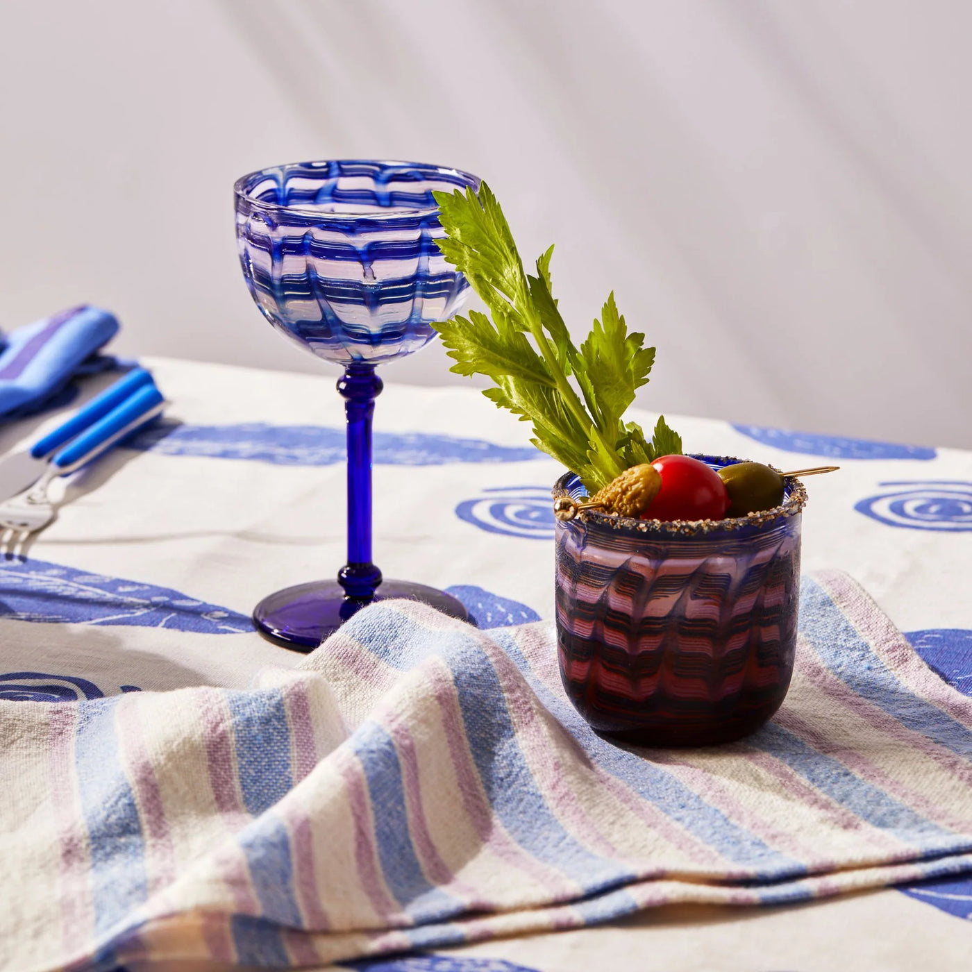 table with bonnie and beil linen table cloth with blue sardines design print