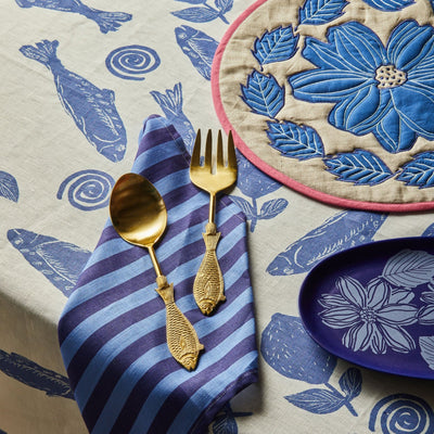 table with bonnie and beil linen table cloth with blue sardines design print