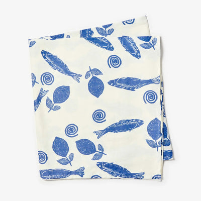 bonnie and beil linen table cloth with blue sardines design print