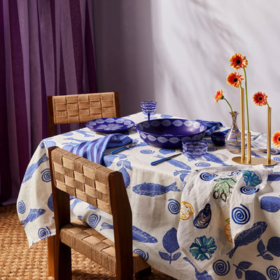 table with bonnie and beil linen table cloth with blue sardines design print