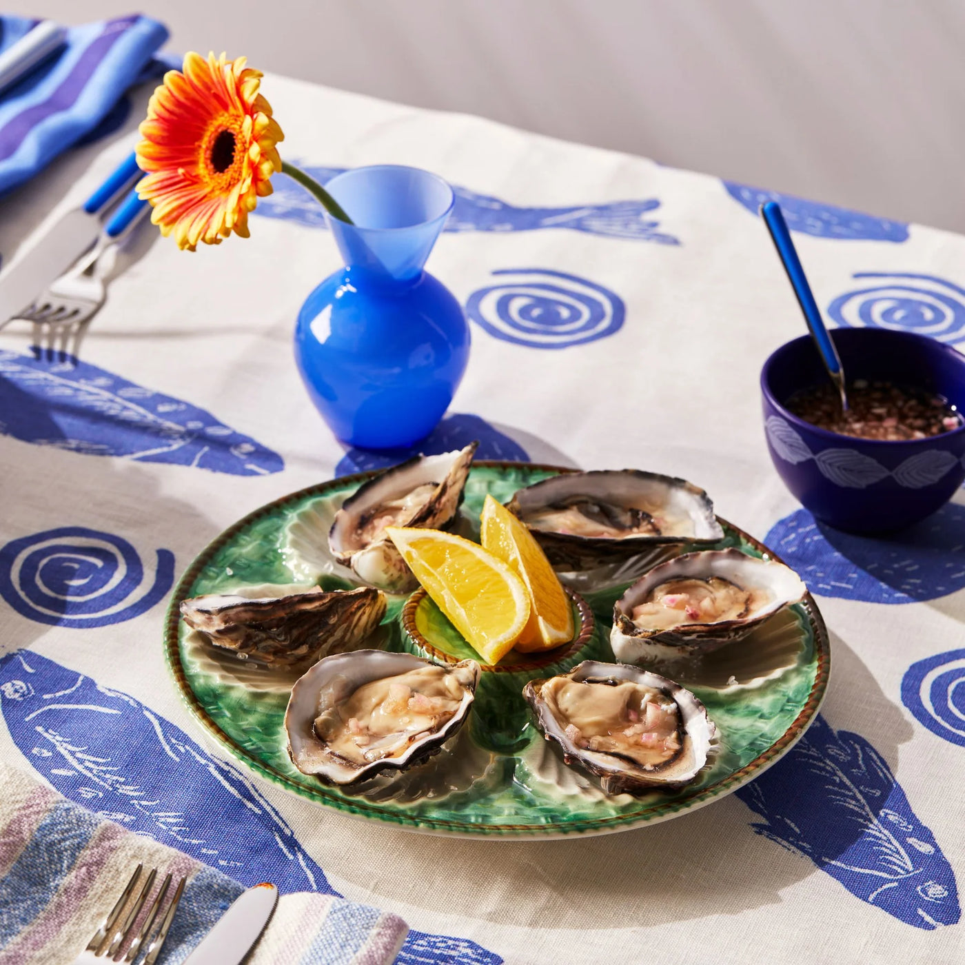 table with bonnie and beil linen table cloth with blue sardines design print