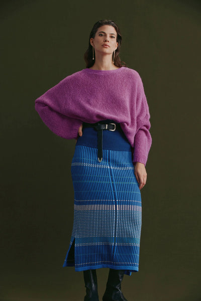 Woman wearing Agna Luna Sweater in Pink Berry and Blue midi blue and white skirt