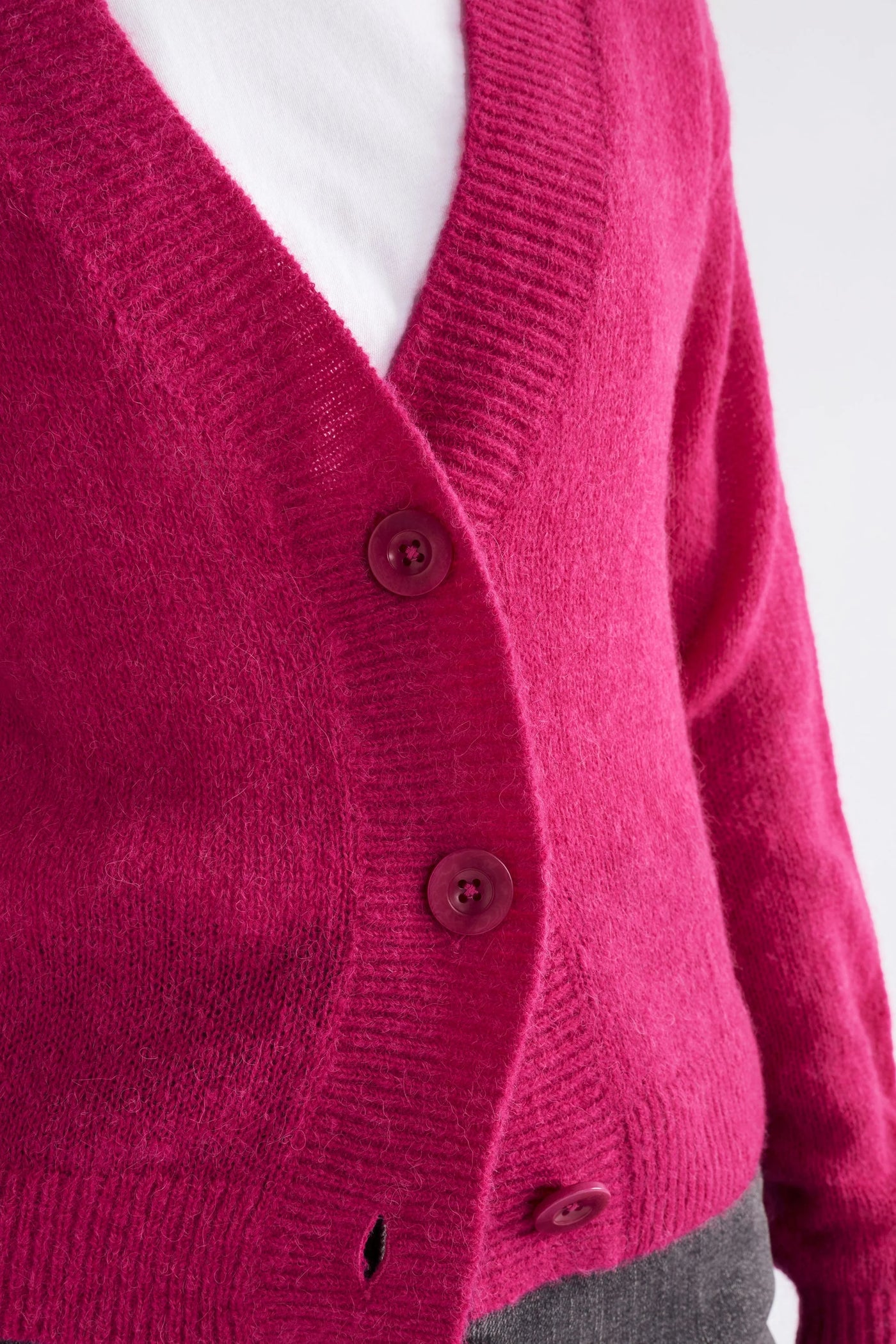 Closer look of Daaru bright pink cardigan's buttons and fabric