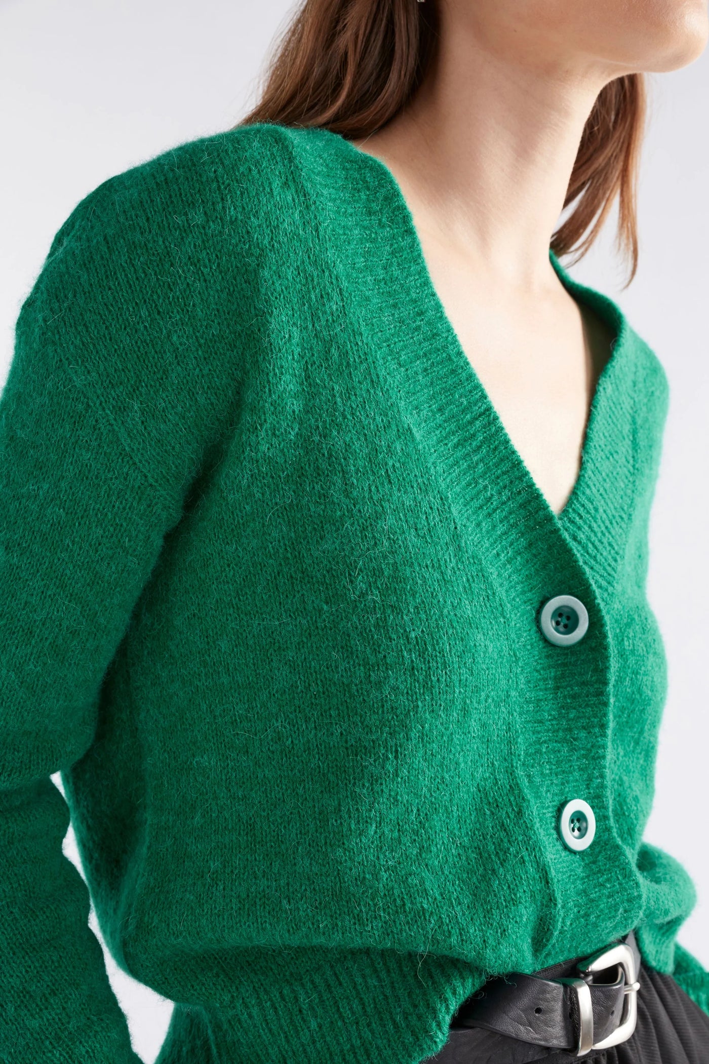 Closer look of Daaru Cardigan in Milan Green buttons and fabric