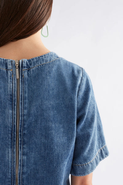 Closer look of Rittra Denim Dress in Chambray Blue back zipper