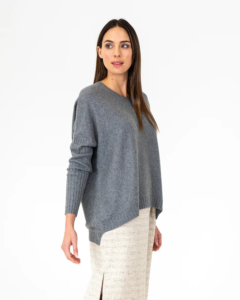 Woman wearing Sadie Crew Neck in Terrier Grey and Maxi Skirt Tweed