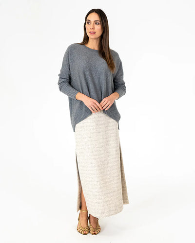 Woman wearing Sadie Crew Neck in Terrier Grey and Maxi Skirt Tweed