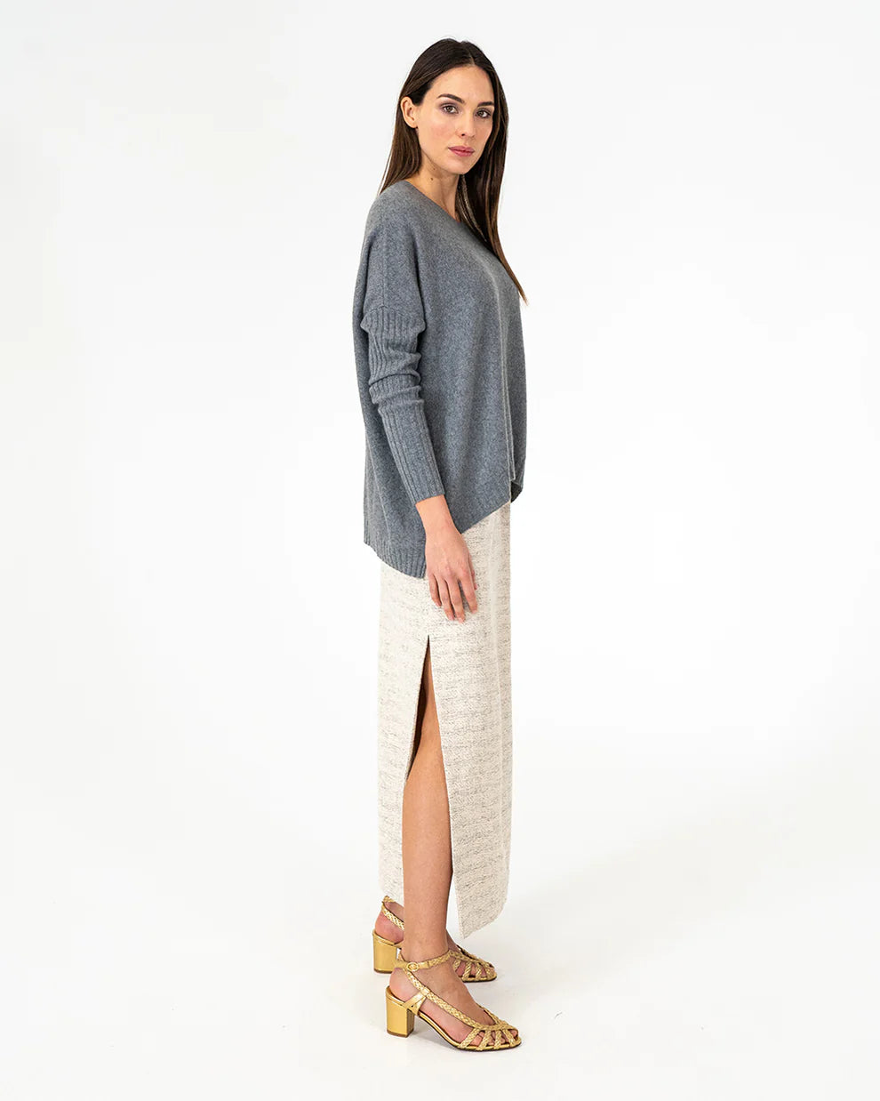 Woman wearing Sadie Crew Neck in Terrier Grey and Maxi Skirt Tweed side view