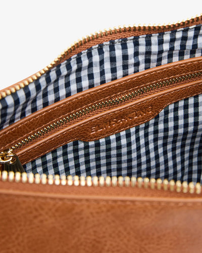 Closer look of Barton Shoulder Bag - Tan Pebble checkered inside and zipper details