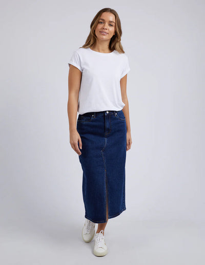 Full image of Woman wearing Scout Midi Skirt in Indigo and white top