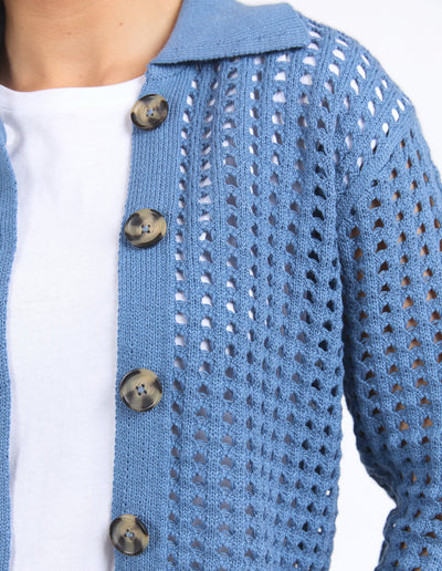 Closer details of Clover Knit Cardi in Coronet Blue