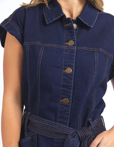 closer look of the foxwod heidi blue denim dress