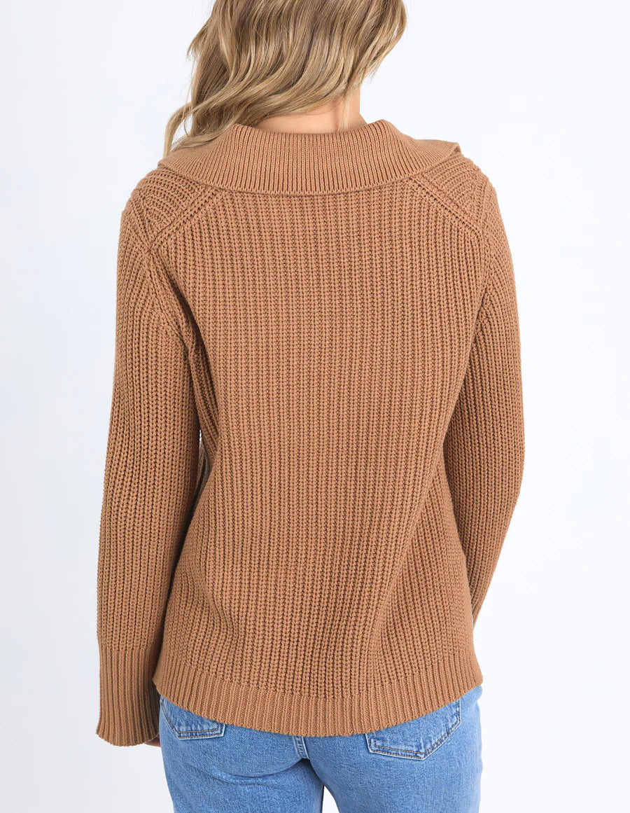 Back details of Carlton Knit in toasted coconut colour and denim pants