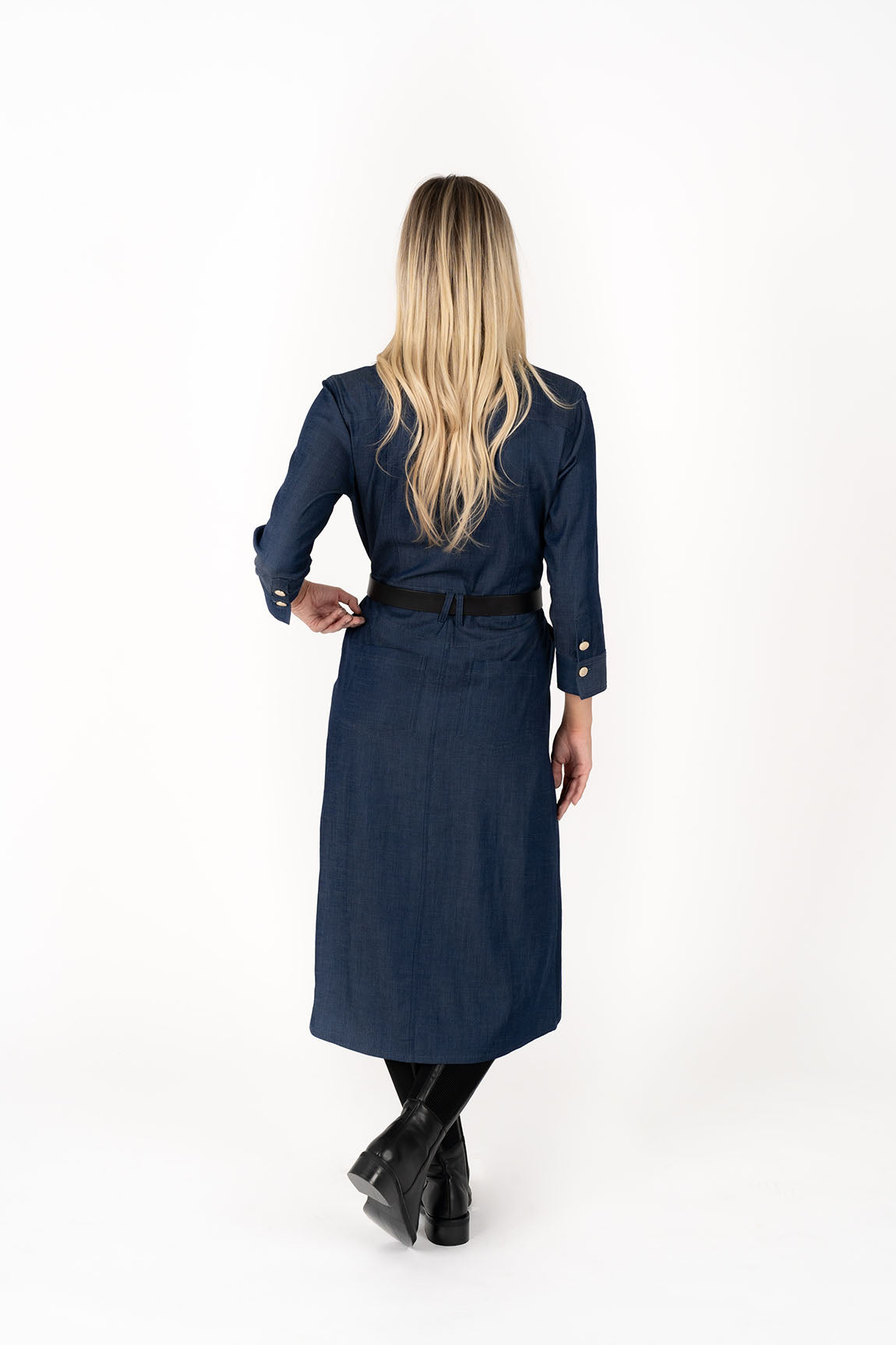 Woman wearing Jovi Dress - Mid Blue facing the back