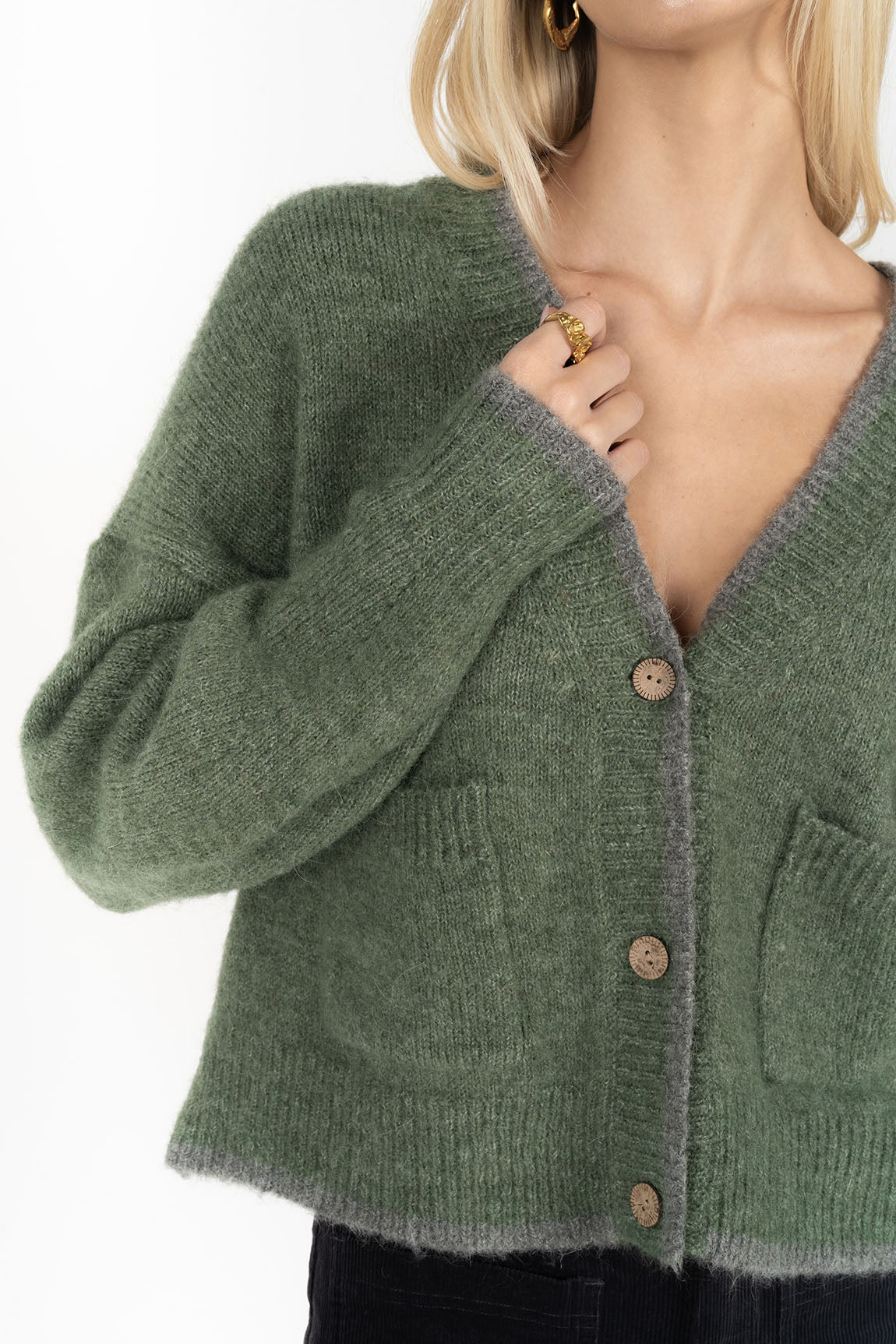 Closer look of woman wearing Romi Cardi in Green Grey