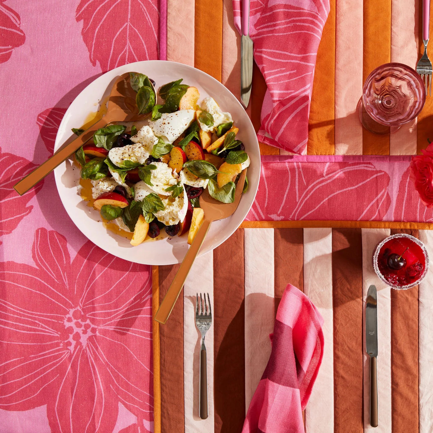 table with flower print table cloth with bonnie and neil big stripe cerise napkins set of four