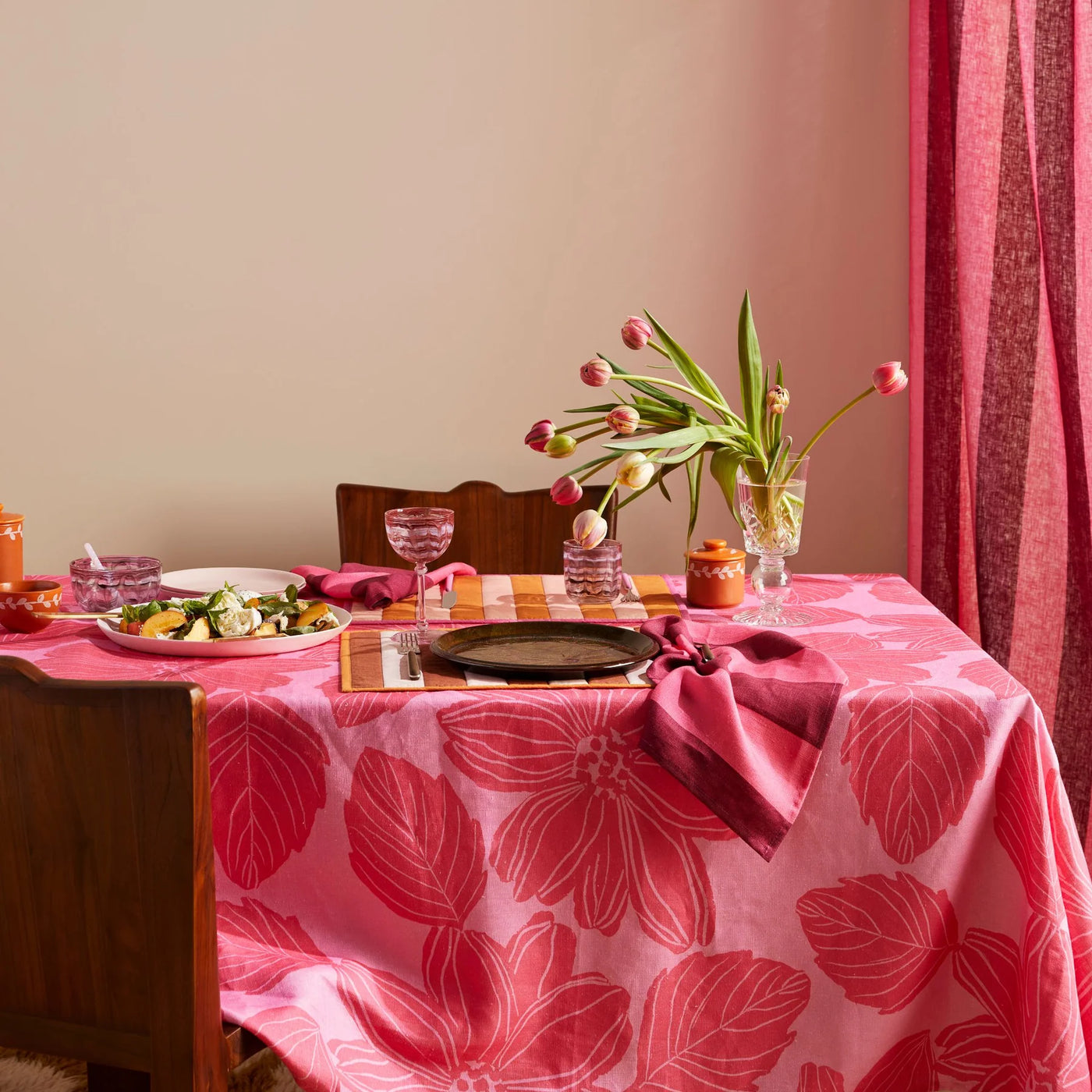 table with flower print table cloth with bonnie and neil big stripe cerise napkins set of four