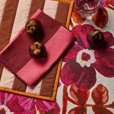 flower printed table cloth with bonnie and neil big stripe cerise napkins