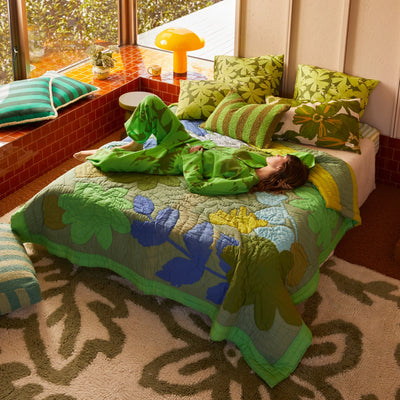 Floral Applique Green Quilted Bed Spread