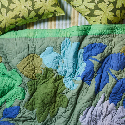 Floral Applique Green Quilted Bed Spread