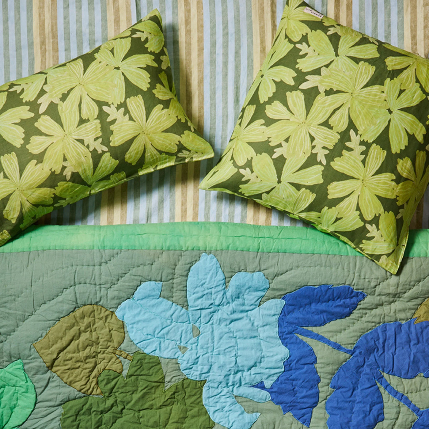 Floral Applique Green Quilted Bed Spread