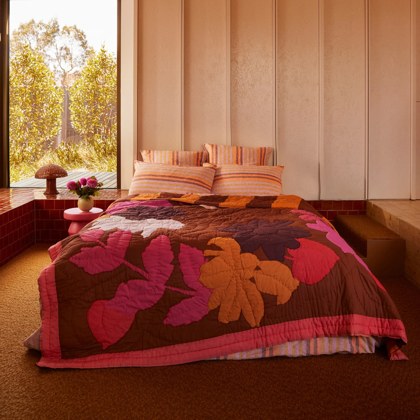 Floral Applique Pink Quilted Bed Spread