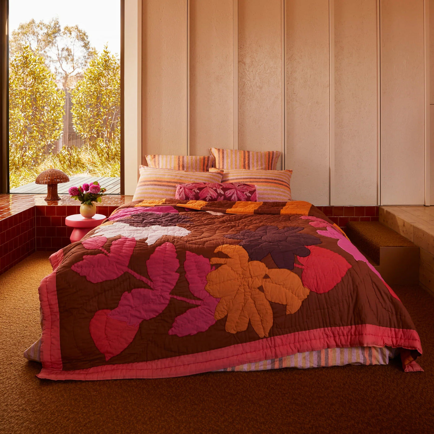 Floral Applique Pink Quilted Bed Spread