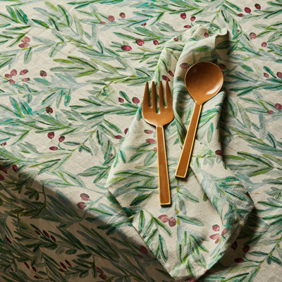 kalamata multi print table cloth with wooden spoon and fork with bonnie and neil kalamati multi napkins 