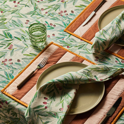 kalamata table cloth with tableware and bonnie and neil kalamata multi napkin in set of four