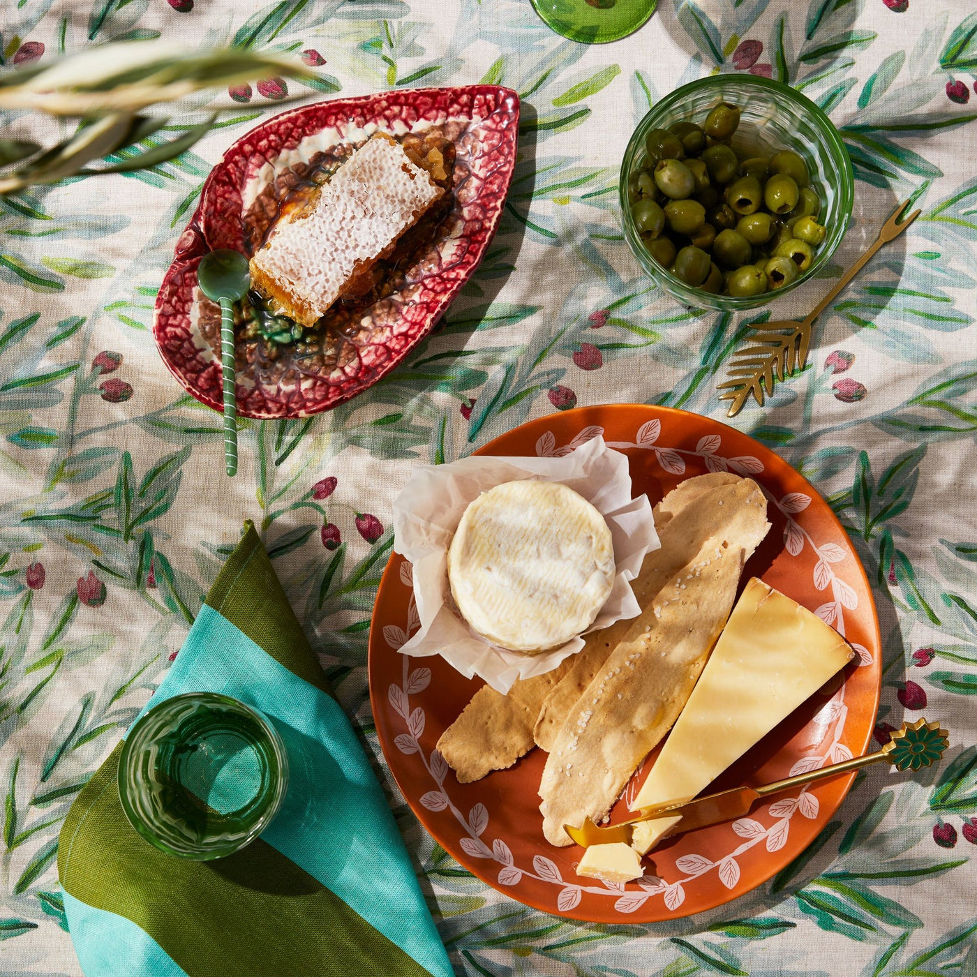 top view of table with bonnie and neil kalamata multi tablecloth