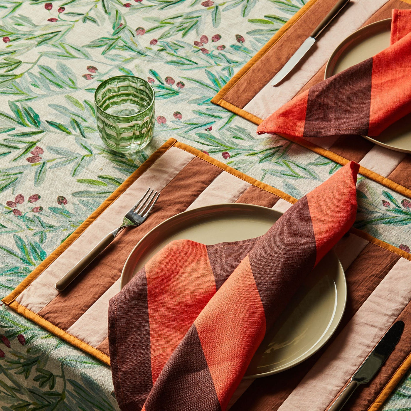 table with tableware and bonnie and neil kalamata multi tablecloth