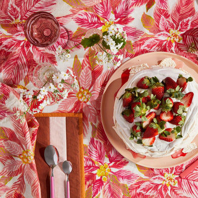 top view of table with bonnie and neil poinsettia red tablecloth