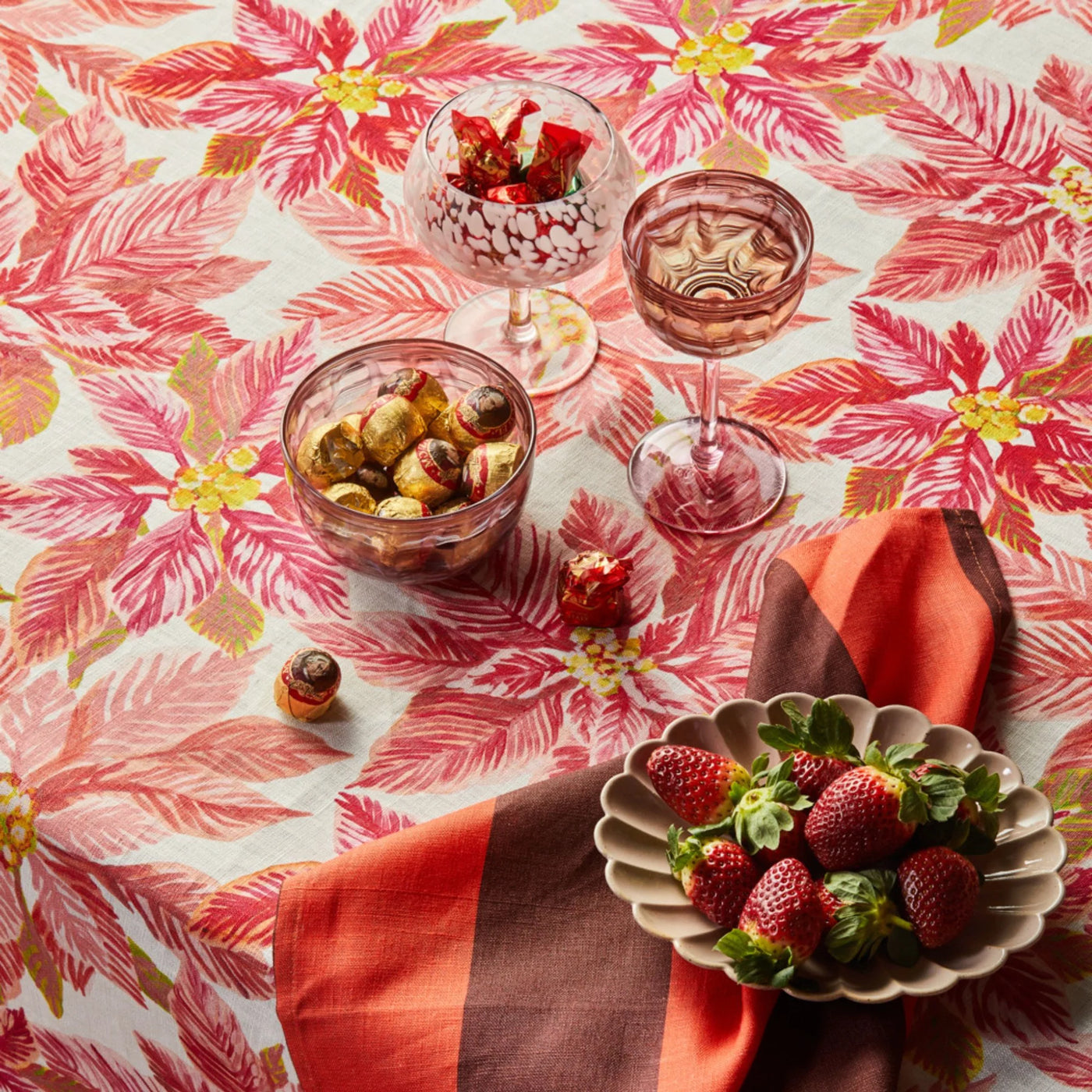 table with bonnie and neil poinsettia red tablecloth