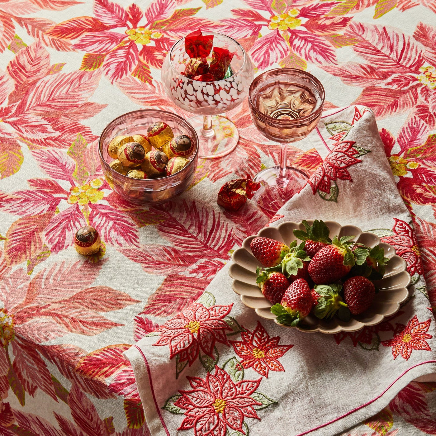 table with bonnie and neil poinsettia red tablecloth