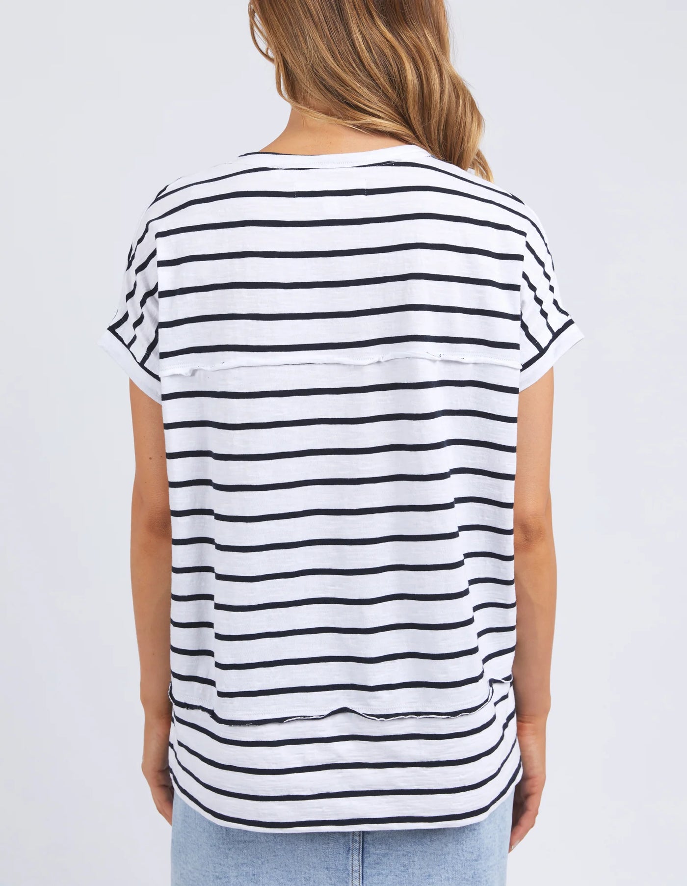 back details of foxwood throw on tee white navy stripes