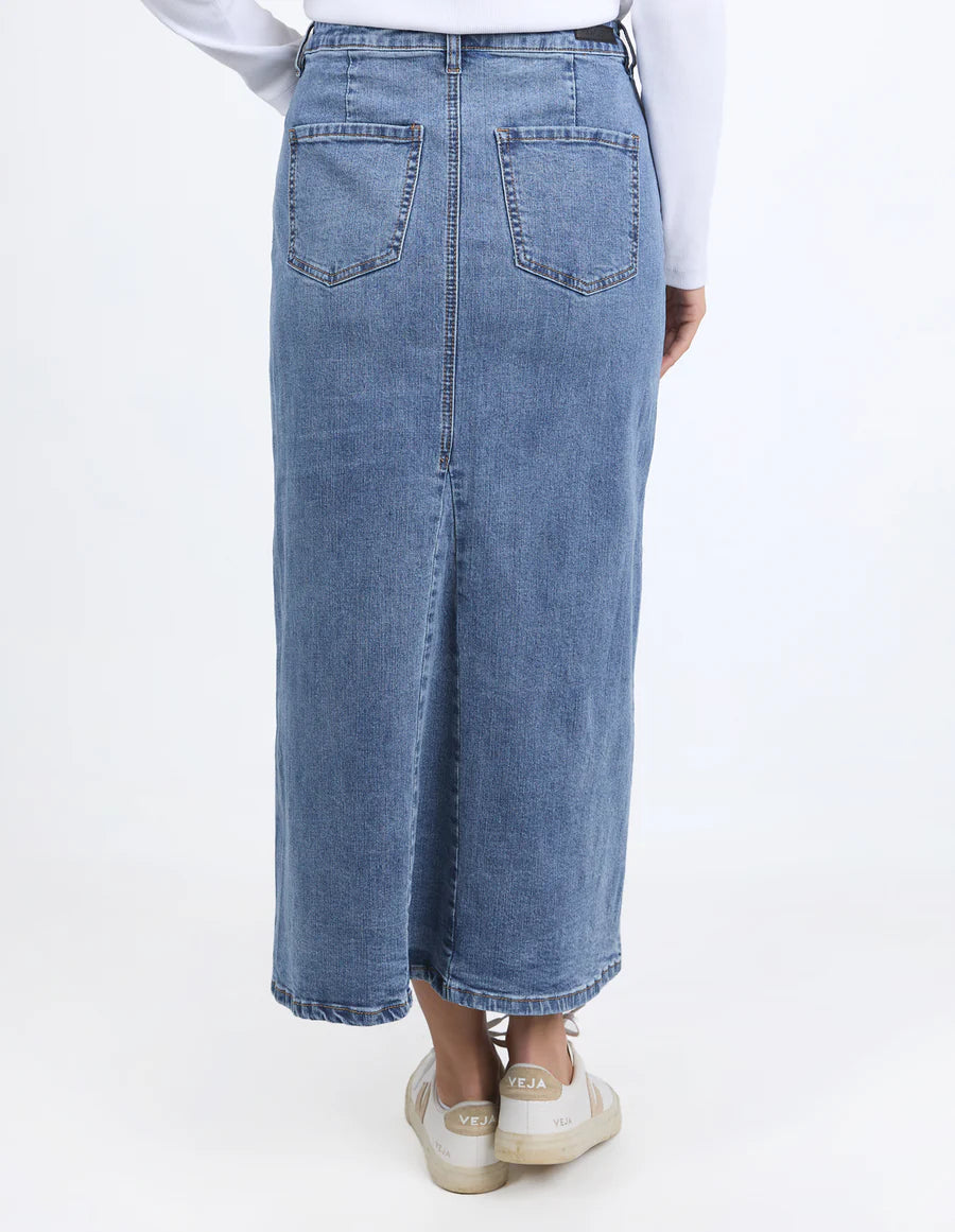 Back details of Parsons Comfort Midi Skirt in Classic Wash Denim