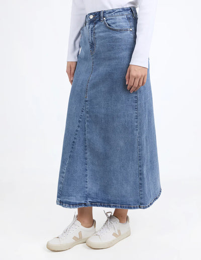 Foxwood Parsons Comfort Midi Skirt in Classic Wash Denim