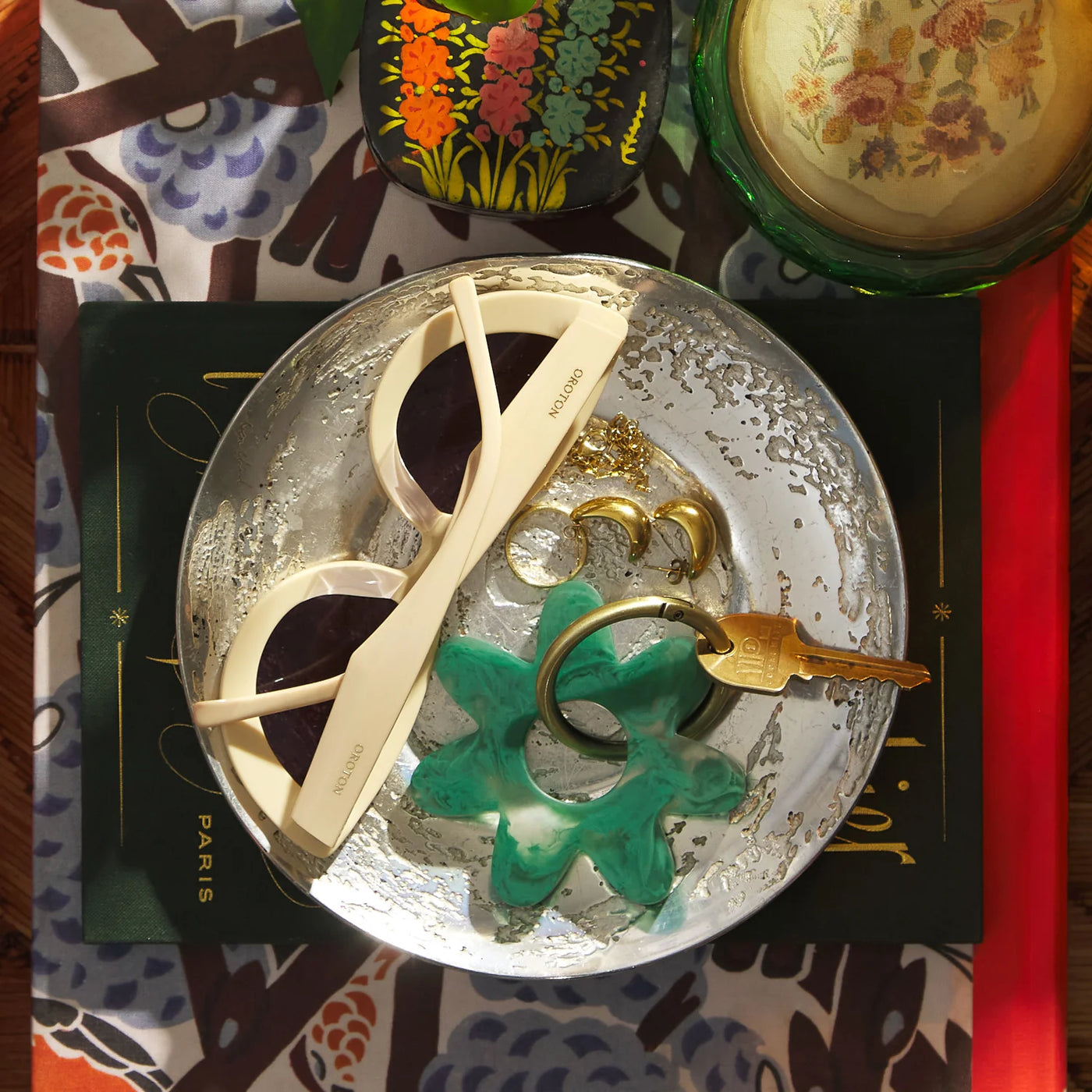 table with shade and key ring top view