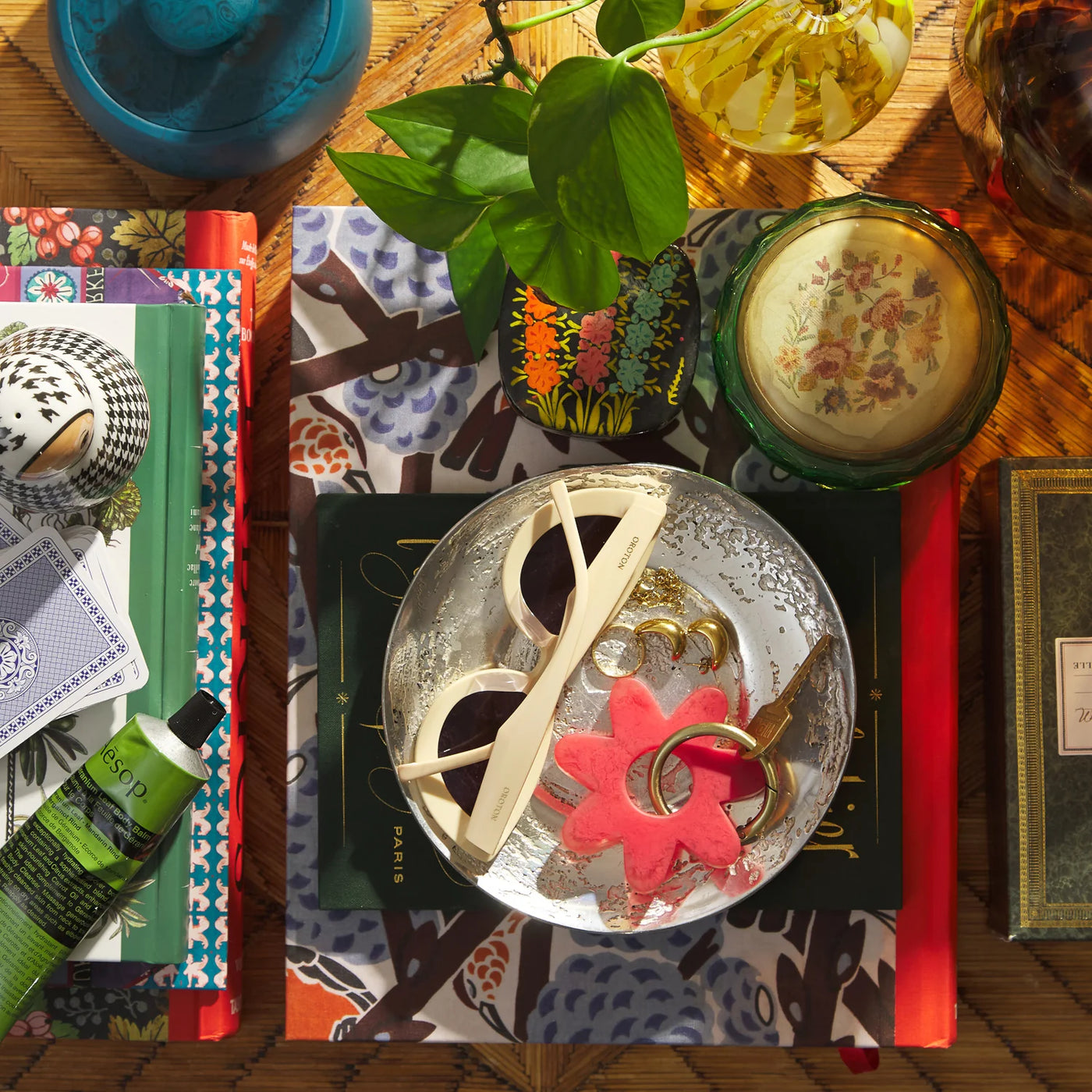 books on the table and keyring